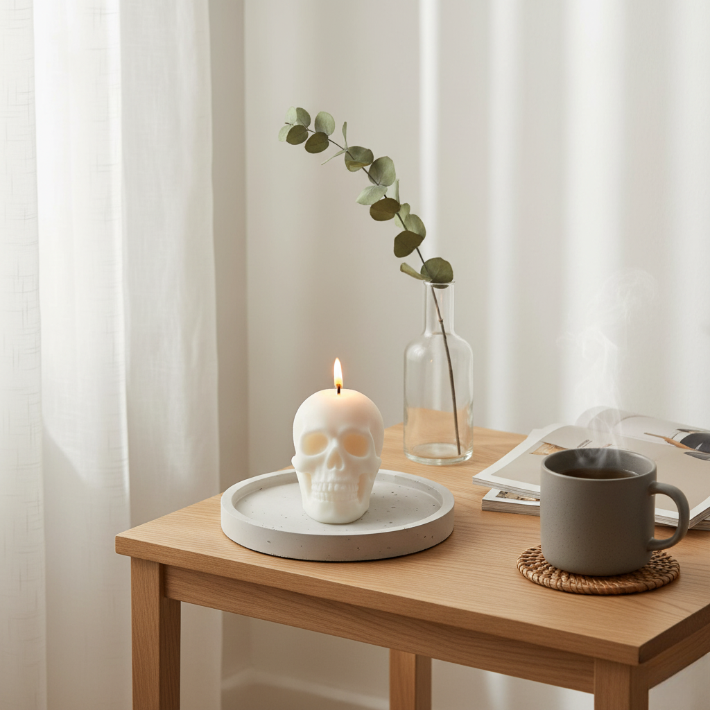 Skull-Shaped Soy Wax Candle – Sandalwood Scent – 5.8oz – Long Lasting 40h Burn – Decorative Candle for Halloween, Easter & Home