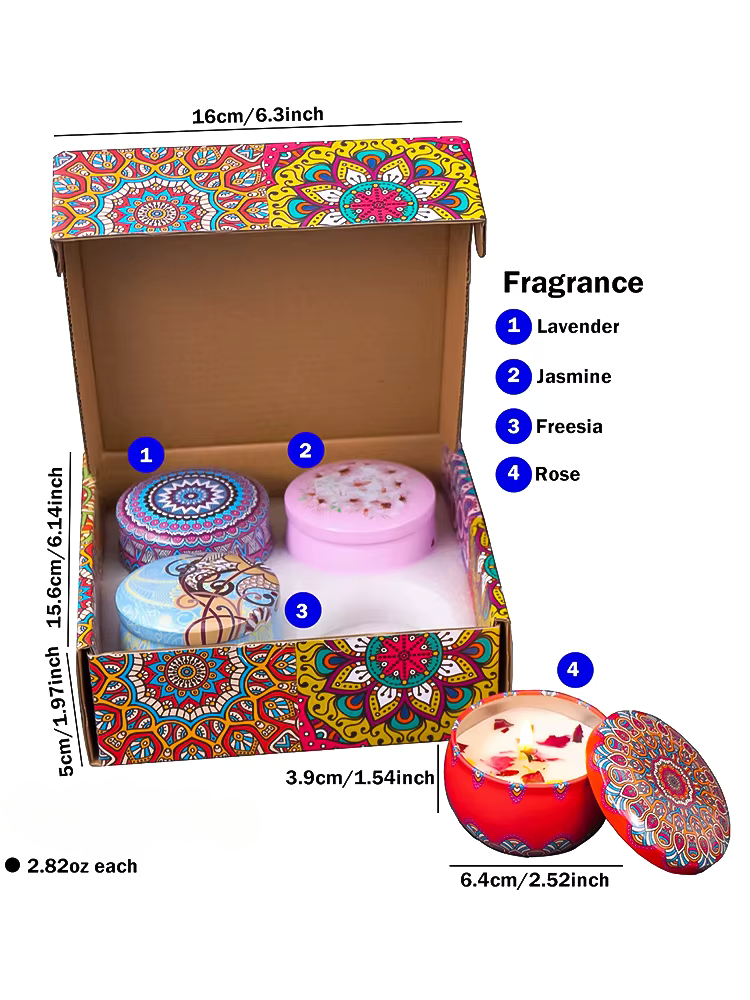 4Pcs/Box Scented Long Lasting Smokeless Fragrance Candle Jar Soy Candles Crystal Stone Dried Flower Couples Romantic Home Decor