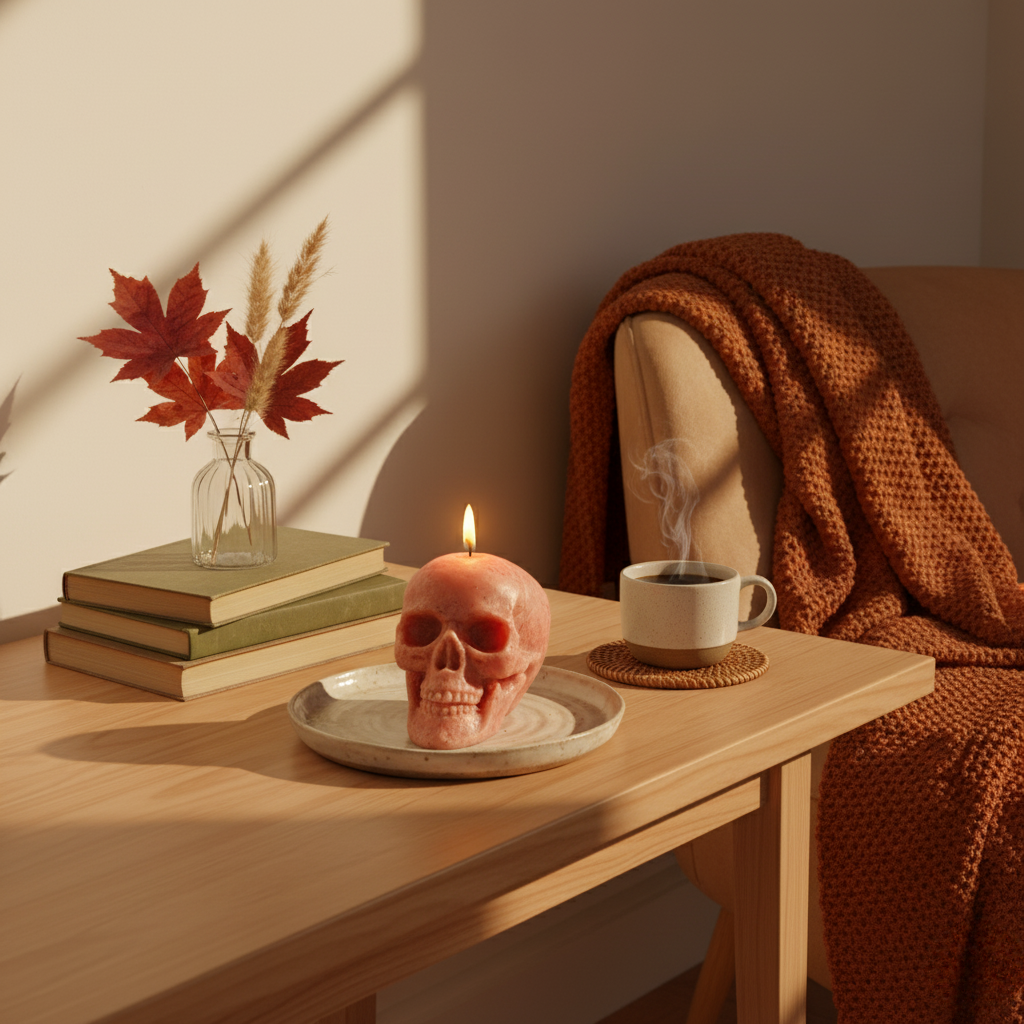 Skull-Shaped Soy Wax Candle – Sandalwood Scent – 5.8oz – Long Lasting 40h Burn – Decorative Candle for Halloween, Easter & Home