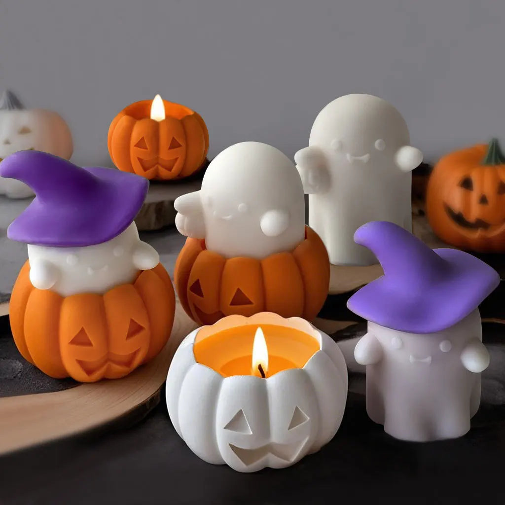 2 Pcs Halloween Candle Molds, Set of Pumpkin + Ghost Silicone Molds for DIY Fun Cute Candlestick Holder Tealight Candles Wax Soap Plaster Epoxy Resin Craft Casting Thanksgiving Décor