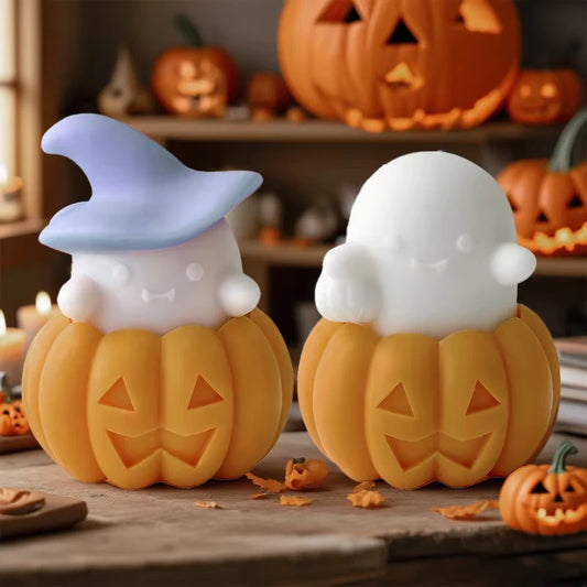 2 Pcs Halloween Candle Molds, Set of Pumpkin + Ghost Silicone Molds for DIY Fun Cute Candlestick Holder Tealight Candles Wax Soap Plaster Epoxy Resin Craft Casting Thanksgiving Décor