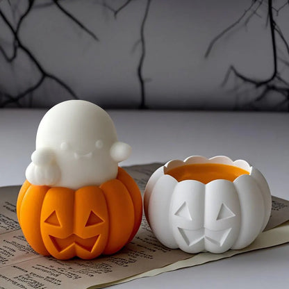 2 Pcs Halloween Candle Molds, Set of Pumpkin + Ghost Silicone Molds for DIY Fun Cute Candlestick Holder Tealight Candles Wax Soap Plaster Epoxy Resin Craft Casting Thanksgiving Décor