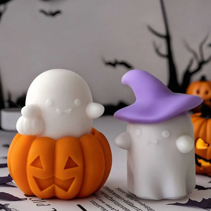 2 Pcs Halloween Candle Molds, Set of Pumpkin + Ghost Silicone Molds for DIY Fun Cute Candlestick Holder Tealight Candles Wax Soap Plaster Epoxy Resin Craft Casting Thanksgiving Décor